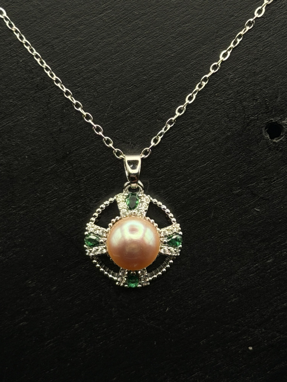 Freshwater Champagne Pearl Halo Emerald Crystal Pendant Necklace